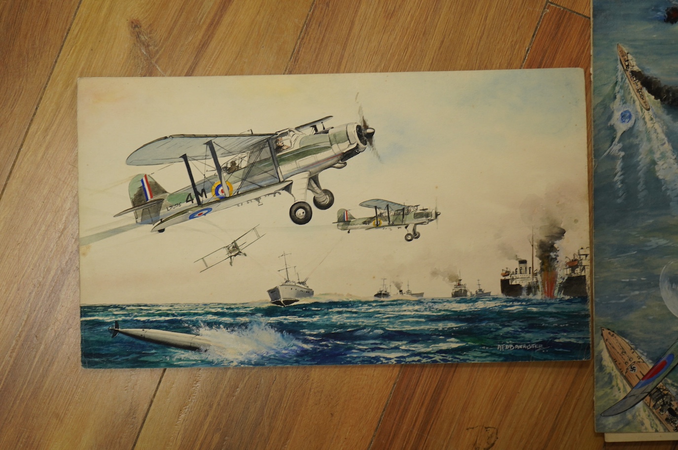 AFD Bannister, set of three original WWII watercolours for post card designs, Fleet Air Arm Aircraft to include ‘Blackburn Skuas attacking German Warships’ and ‘Fairey Albacore Torpedo Carriers Attacking a German Convoy’